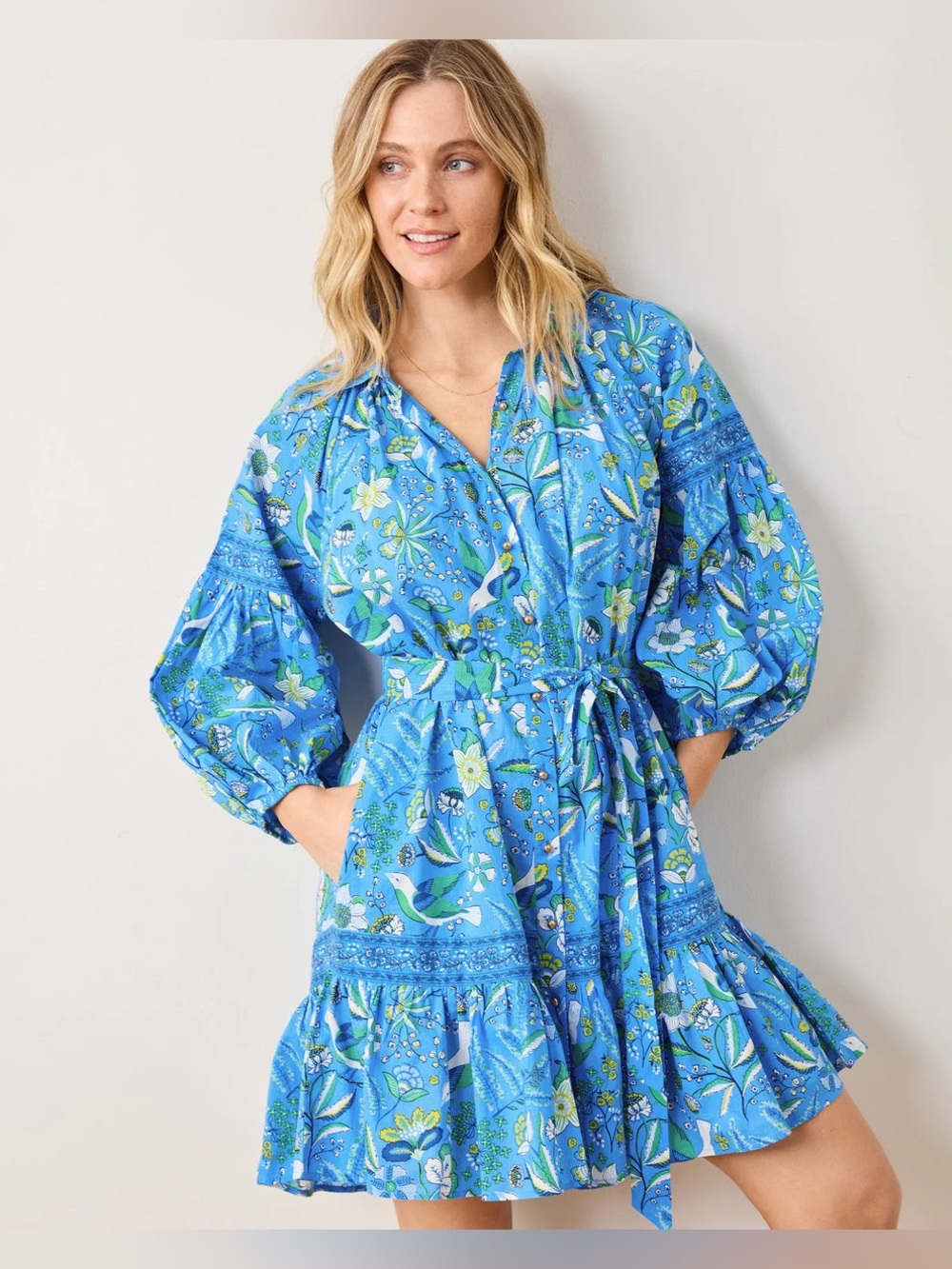 PrintFresh Painters Garden Blue Cotton Floral Dress, size XS